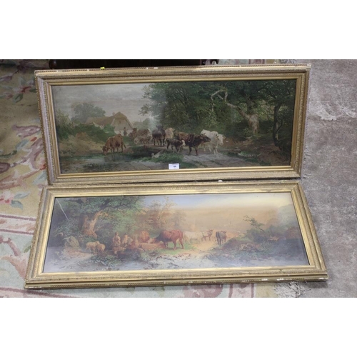 44 - A PAIR OF ANTIQUE GILT FRAMED AND GLAZED PRINTS DEPICTING CATTLE - H 33 CM BY 86 CM