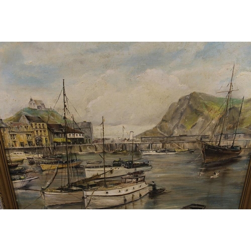 9 - A GILT FRAMED OIL ON CANVAS OF A HARBOUR SCENE WITH BOATS SIGNED W GLYN HEARD LOWER RIGHT