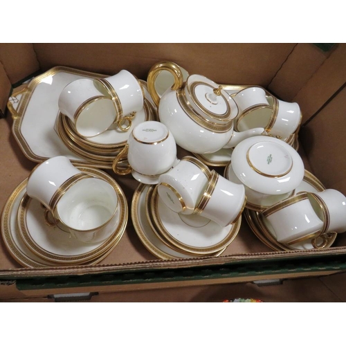 102 - A TRAY OF CAULDON GILT WHITE CHINA