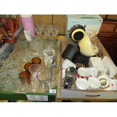 109 - TWO TRAYS OF CERAMICS AND GLASSWARE TO INCLUDE A SET OF SIX ROYAL DOULTON CRYSTAL WINE GLASSES