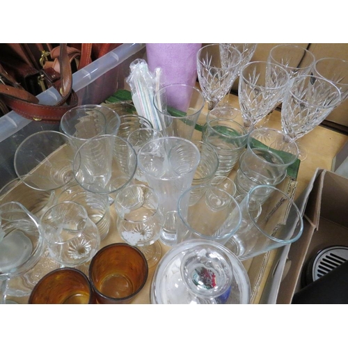 109 - TWO TRAYS OF CERAMICS AND GLASSWARE TO INCLUDE A SET OF SIX ROYAL DOULTON CRYSTAL WINE GLASSES