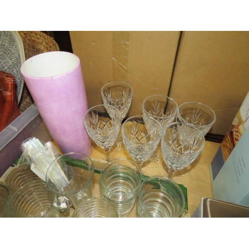 109 - TWO TRAYS OF CERAMICS AND GLASSWARE TO INCLUDE A SET OF SIX ROYAL DOULTON CRYSTAL WINE GLASSES