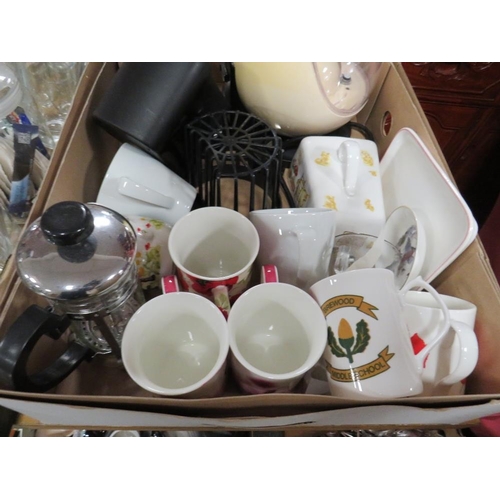 109 - TWO TRAYS OF CERAMICS AND GLASSWARE TO INCLUDE A SET OF SIX ROYAL DOULTON CRYSTAL WINE GLASSES