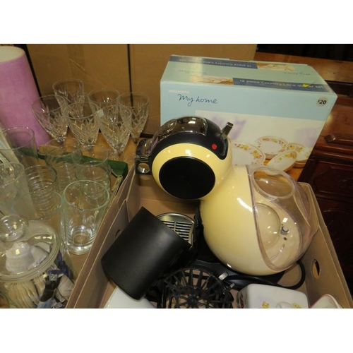 109 - TWO TRAYS OF CERAMICS AND GLASSWARE TO INCLUDE A SET OF SIX ROYAL DOULTON CRYSTAL WINE GLASSES