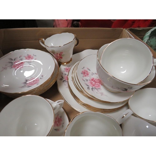 114 - A TRAY OF ASSORTED FLORAL CHINA TO INCLUDE DUCHESS