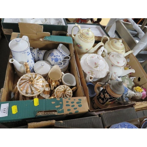 117 - TWO TRAYS OF ASSORTED CHINA TO INCLUDE A SADLER THREE PIECE TEA SERVICE, WEDGWOOD JASPERWARE ETC