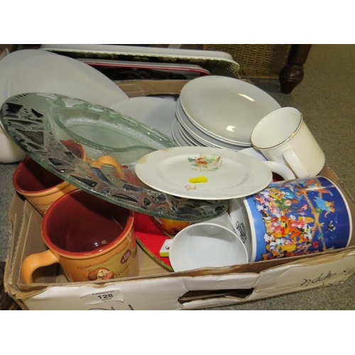 128 - THREE TRAYS OF ASSORTED SUNDRIES TO INCLUDE A CASED SET OF KITCHEN KNIVES ETC