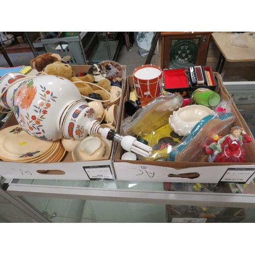 130 - TWO TRAYS OF ASSORTED SUNDRIES TO INCLUDE CROWN STAFFORDSHIRE CHINA, TEDDY BEARS, ETC