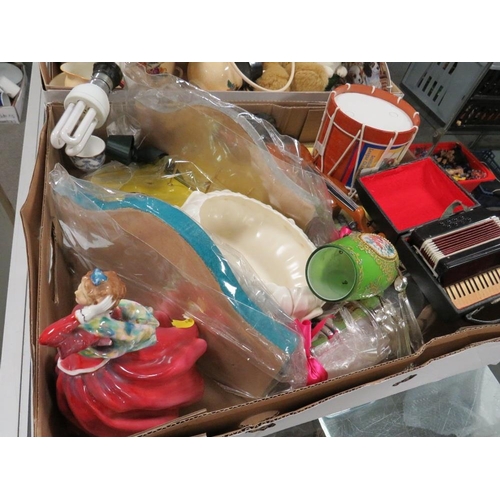 130 - TWO TRAYS OF ASSORTED SUNDRIES TO INCLUDE CROWN STAFFORDSHIRE CHINA, TEDDY BEARS, ETC