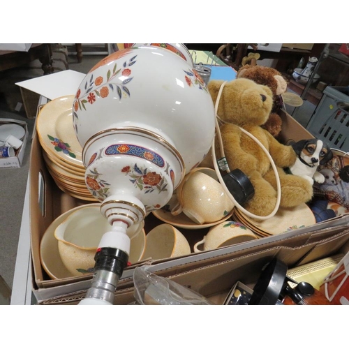 130 - TWO TRAYS OF ASSORTED SUNDRIES TO INCLUDE CROWN STAFFORDSHIRE CHINA, TEDDY BEARS, ETC