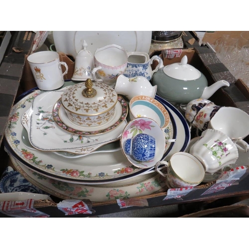 133 - FIVE TRAYS OF ASSORTED CHINA AND CERAMICS TO INCLUDE A LIMOGES LIDDED POT, SPODE, ROYAL GRAFTON TEA ... 