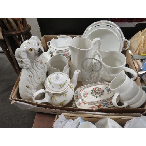 133 - FIVE TRAYS OF ASSORTED CHINA AND CERAMICS TO INCLUDE A LIMOGES LIDDED POT, SPODE, ROYAL GRAFTON TEA ... 