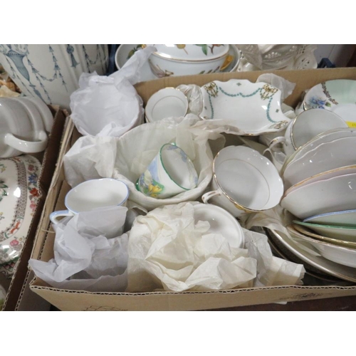 133 - FIVE TRAYS OF ASSORTED CHINA AND CERAMICS TO INCLUDE A LIMOGES LIDDED POT, SPODE, ROYAL GRAFTON TEA ... 