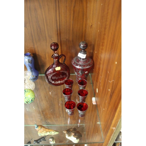 168 - A COLLECTION OF RED GLASSWARE TO INCLUDE AN ETCHED GLASS WHISKY JUG