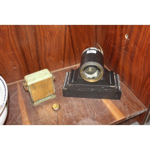 174 - A VINTAGE HRY MARC OF PARIS MARBLE MANTLE CLOCK OF SMALL PROPORTIONS TOGETHER WITH A SMALL ONYX DESK... 