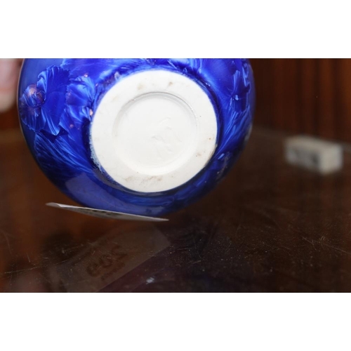 209 - A COBALT BLUE CRYSTALLINE GLAZED ART POTTERY VASE, MONOGRAM TO BASE, H 11.5 CM