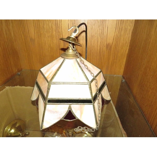 66 - A SET OF THREE TIFFANY STYLE LEADED GLASS CEILING LIGHTS