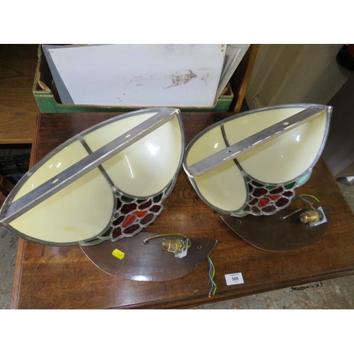 67 - A PAIR OF TIFFANY STYLE LEADED GLASS WALL POCKET LIGHTS