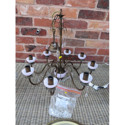 69 - A RETRO STYLE SIX BRANCH CHANDELIER WITH CRYSTAL EFFECT DROPPERS TOGETHER WITH A PAIR OF MODERN CHRO... 