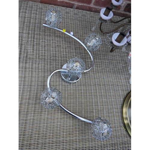 69 - A RETRO STYLE SIX BRANCH CHANDELIER WITH CRYSTAL EFFECT DROPPERS TOGETHER WITH A PAIR OF MODERN CHRO... 