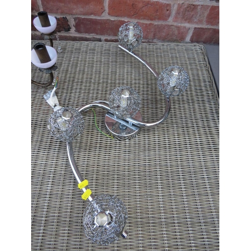 69 - A RETRO STYLE SIX BRANCH CHANDELIER WITH CRYSTAL EFFECT DROPPERS TOGETHER WITH A PAIR OF MODERN CHRO... 