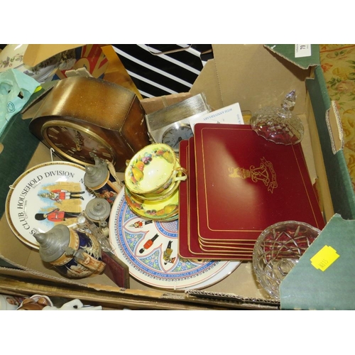 79 - A TRAY OF ASSORTED HOUSEHOLD SUNDRIES TO INCLUDE FRUIT PATTERN CUPS AND SAUCERS, MANTEL CLOCK ETC.