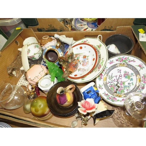 80 - THREE TRAYS OF ASSORTED CERAMICS AND GLASS TO INCLUDE A MDINA GLASS DOVES PAPERWEIGHT, PARAGON FLORA... 