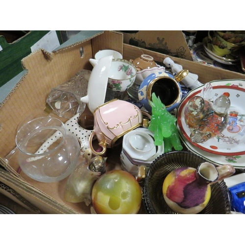 80 - THREE TRAYS OF ASSORTED CERAMICS AND GLASS TO INCLUDE A MDINA GLASS DOVES PAPERWEIGHT, PARAGON FLORA... 