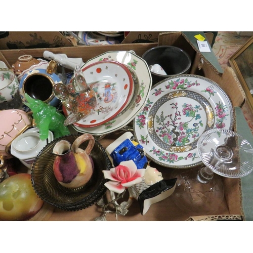 80 - THREE TRAYS OF ASSORTED CERAMICS AND GLASS TO INCLUDE A MDINA GLASS DOVES PAPERWEIGHT, PARAGON FLORA... 