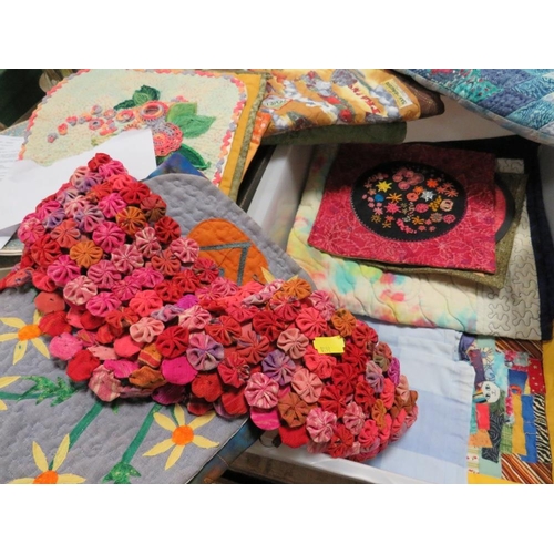 84 - A COLLECTION OF VINTAGE HAND STITCHED PATCHWORK TEXTILES ETC. TO INCLUDE EXAMPLES BY JENNY GARNES