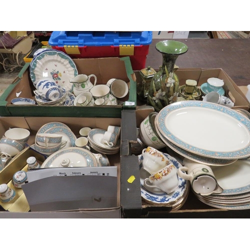 85 - FOUR TRAYS OF ASSORTED CHINA AND CERAMICS TO INCLUDE AN UNUSUAL COFFEE SET, DOULTON IMPASTO VASE - R... 