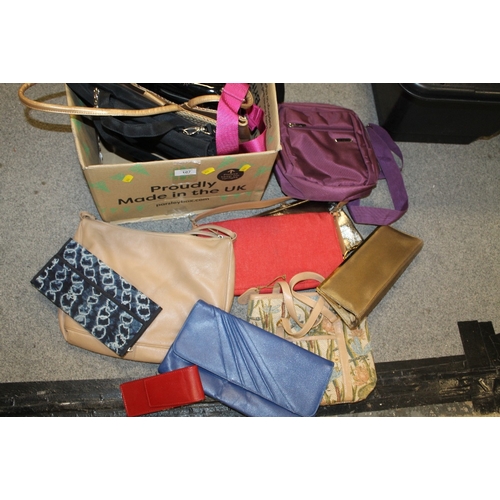 107 - TWO BOXES OF VINTAGE AND MODERN HANDBAGS AND DOCUMENT CASES ETC, TO INCLUDE EXAMPLES BY JANE SHILTON... 