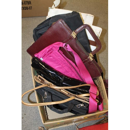 107 - TWO BOXES OF VINTAGE AND MODERN HANDBAGS AND DOCUMENT CASES ETC, TO INCLUDE EXAMPLES BY JANE SHILTON... 