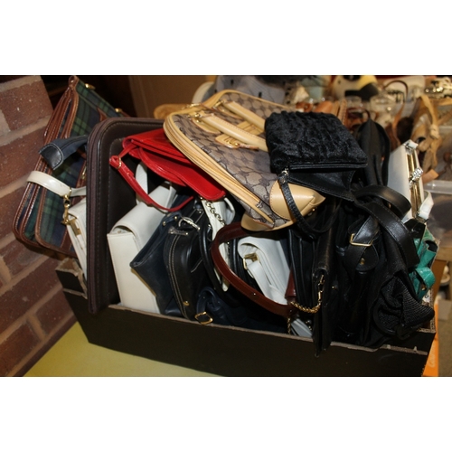 107 - TWO BOXES OF VINTAGE AND MODERN HANDBAGS AND DOCUMENT CASES ETC, TO INCLUDE EXAMPLES BY JANE SHILTON... 