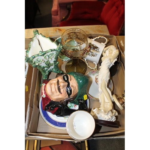 115 - A TRAY OF ASSORTED CERAMICS AND GLASSWARE TO INCLUDE A ROYAL DOULTON CHARACTER JUG DICK TURPIN AND A... 