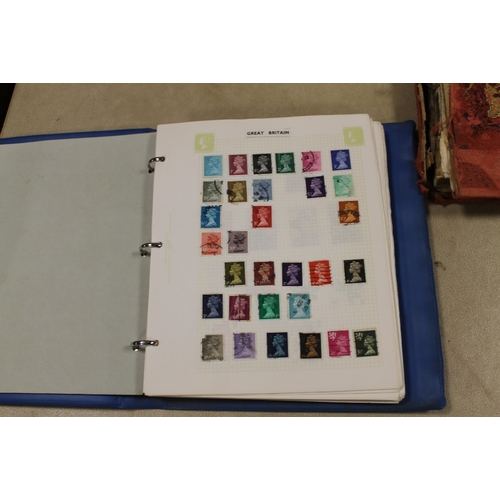 142 - TWO STAMP ALBUMS TOGETHER WITH A BAG OF LOOSE STAMPS