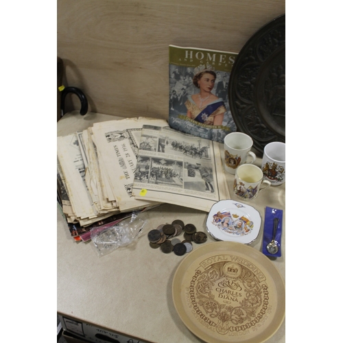 152 - A COLLECTION OF ROYAL MEMORABILIA TO INCLUDE VINTAGE NEWSPAPERS, TOGETHER WITH AN EMBOSSED METAL CHA... 