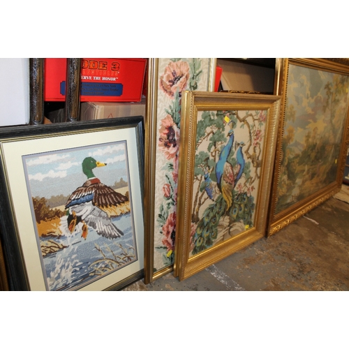 12A - A COLLECTION OF FIVE FRAMED AND GLAZED NEEDLEWORK PICTURES TO INCLUDE A MALLARD IN FLIGHT, TOGETHER ... 