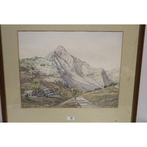 29 - A FRAMED AND GLAZED WATERCOLOUR OF A MOUNTAINOUS SCENE SIGNED HARRY GIBBERD TOGETHER WITH A FRAMED A... 