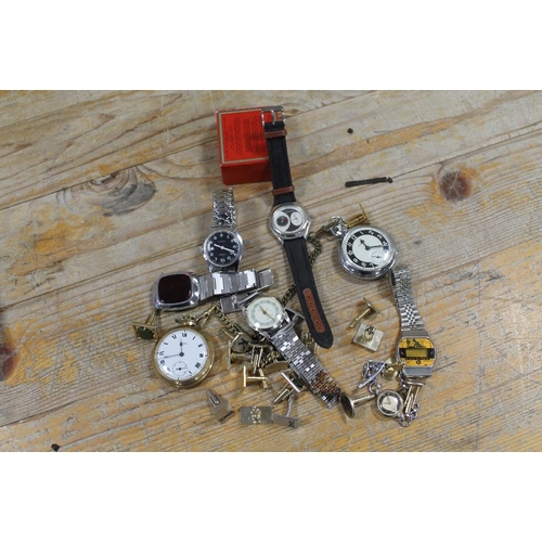 372 - A SELECTION OF WRIST AND POCKET WATCHES, CUFFLINKS ETC