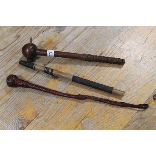 376 - A JAPANESE NAIL HEAD CLUB, A SMALL LEATHER COVERED COSH AND AFRICAN ZULU WIRE WORK COVERED SPEAR SHA... 