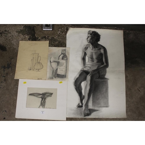 1 - FOUR ASSORTED UNFRAMED PENCIL DRAWINGS TO INCLUDE STILL LIFE STUDIES, FIGURE STUDIES ETC