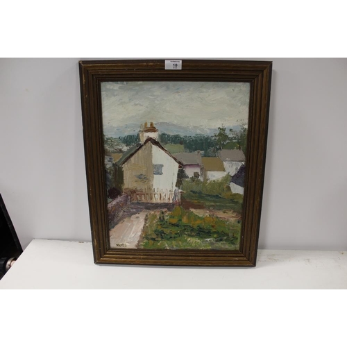 10 - A GILT FRAMED OIL ON BOARD DEPICTING COUNTRY COTTAGES SIGNED YATES LOWER RIGHT