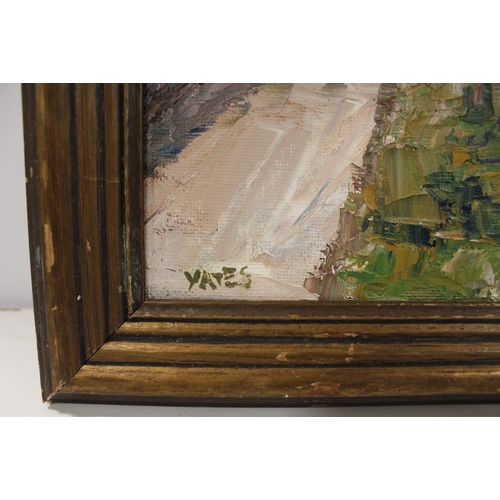 10 - A GILT FRAMED OIL ON BOARD DEPICTING COUNTRY COTTAGES SIGNED YATES LOWER RIGHT