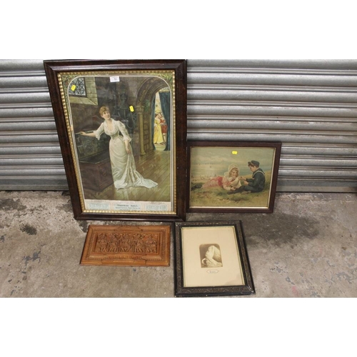 12 - THREE ANTIQUE FRAMED PRINTS TOGETHER WITH A CARVED EASTERN STYLE HARDWOOD PANEL (4)