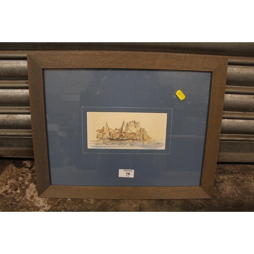 14 - A FRAMED AND GLAZED WATERCOLOUR ENTITLED 'BALLANCELLE A BOLVI', INDISTINCTLY SIGNED LOWER RIGHT