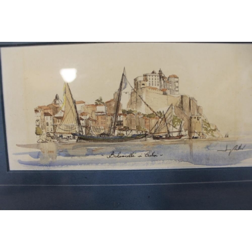 14 - A FRAMED AND GLAZED WATERCOLOUR ENTITLED 'BALLANCELLE A BOLVI', INDISTINCTLY SIGNED LOWER RIGHT