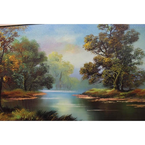 17 - TWO FRAMED OIL ON CANVAS OF COUNTRY COTTAGES AND A WOODED RIVER SCENE