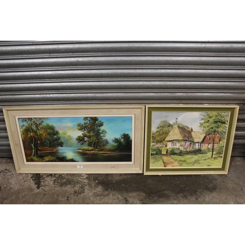 17 - TWO FRAMED OIL ON CANVAS OF COUNTRY COTTAGES AND A WOODED RIVER SCENE