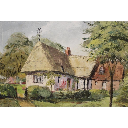 17 - TWO FRAMED OIL ON CANVAS OF COUNTRY COTTAGES AND A WOODED RIVER SCENE